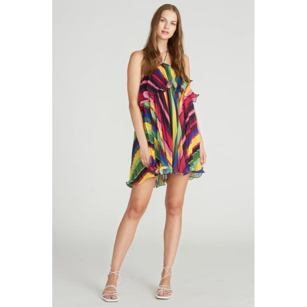 Amur Sevyn Mini‎ Halter Dress Pleated Ruffle Vibrant Colorful Stripe Size 10